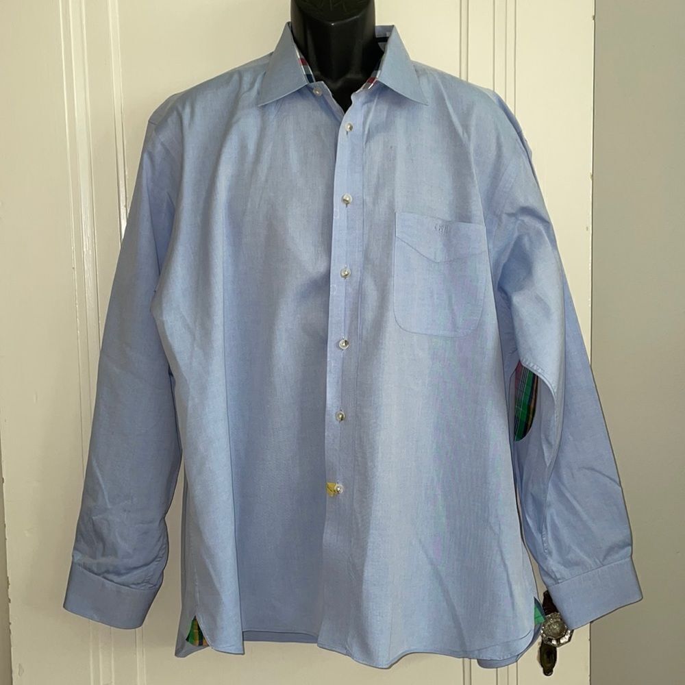 Paul Fredrick light blue cotton long sleeve‎ shirt with plaid elbow patches